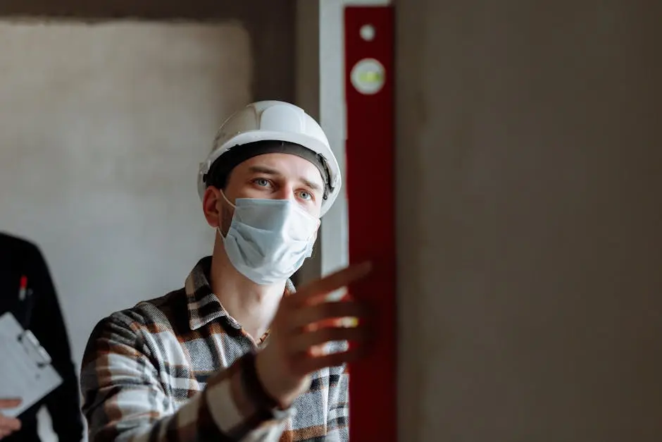 Man wearing a face mask and hard hat conducting safety inspection indoors.