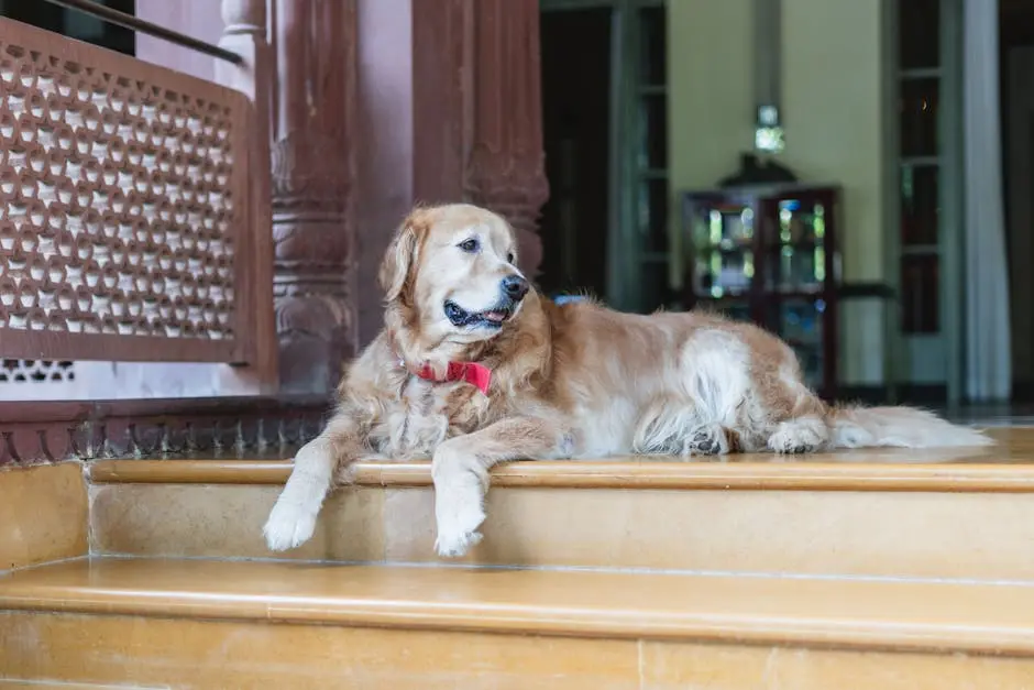 Golden Retriever relaxing at a luxury heritage hotel entrance in Bikaner, India.