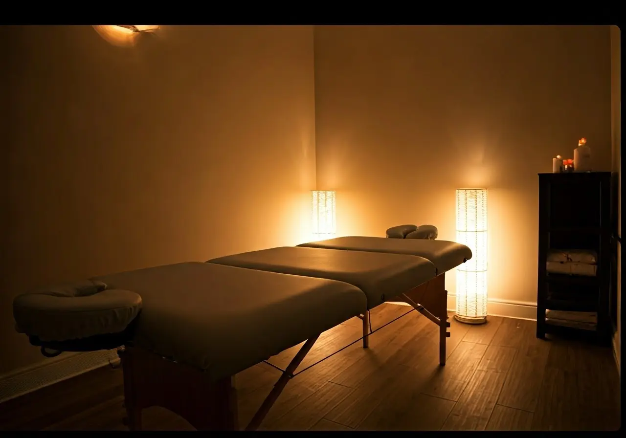 A serene therapy room with massage table and soft lighting. 35mm stock photo