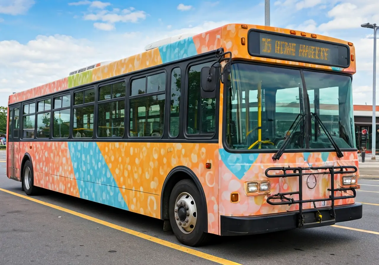 A brightly colored commercial wrap on a city bus. 35mm stock photo