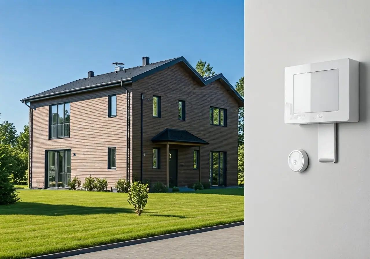 A modern home equipped with various smart security devices. 35mm stock photo