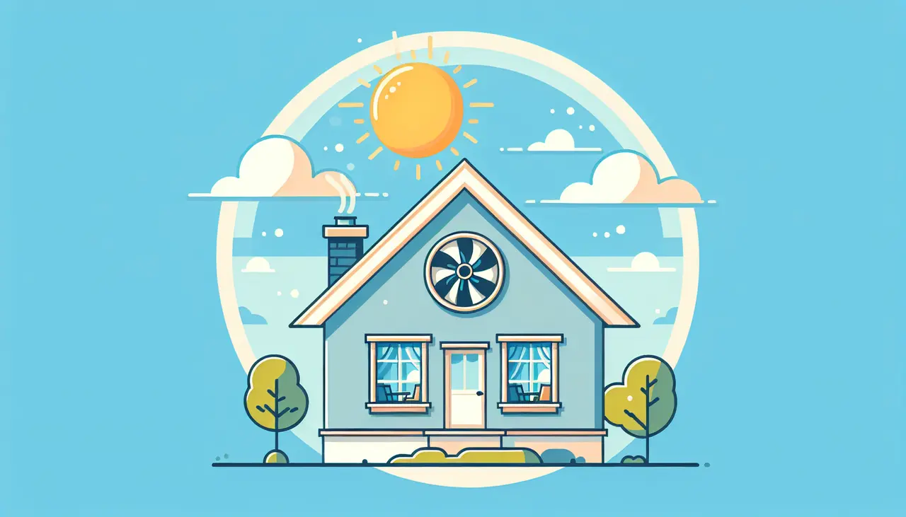 Draw a graphic in flat design style. A flat design illustration of a cozy house with a visible attic and a fan inside, under a sunny sky with a few clouds.