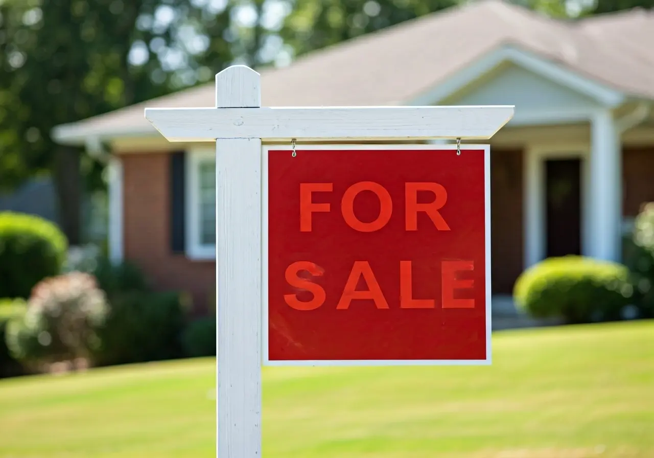 A For Sale sign in front of a house. 35mm stock photo