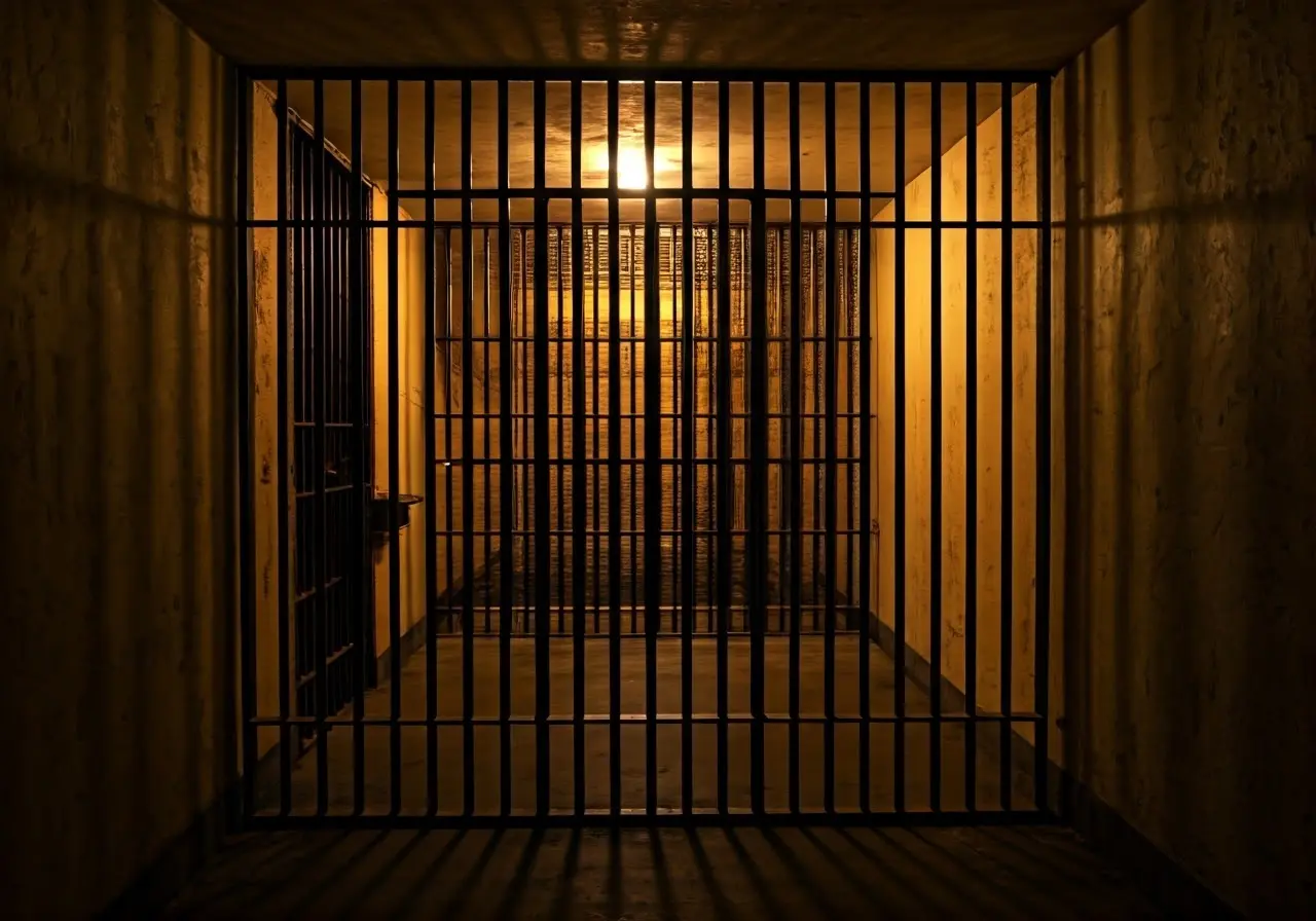 A barred jail cell with dim, atmospheric lighting. 35mm stock photo