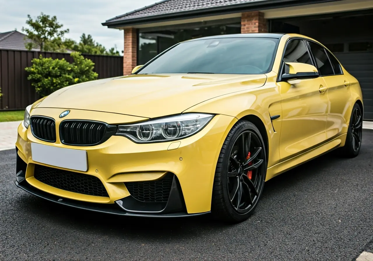 A shiny car being detailed in a residential driveway. 35mm stock photo