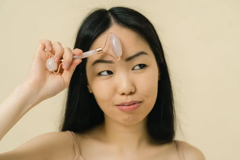 Asian woman in a studio setting applying a jade roller for skincare enhancement.