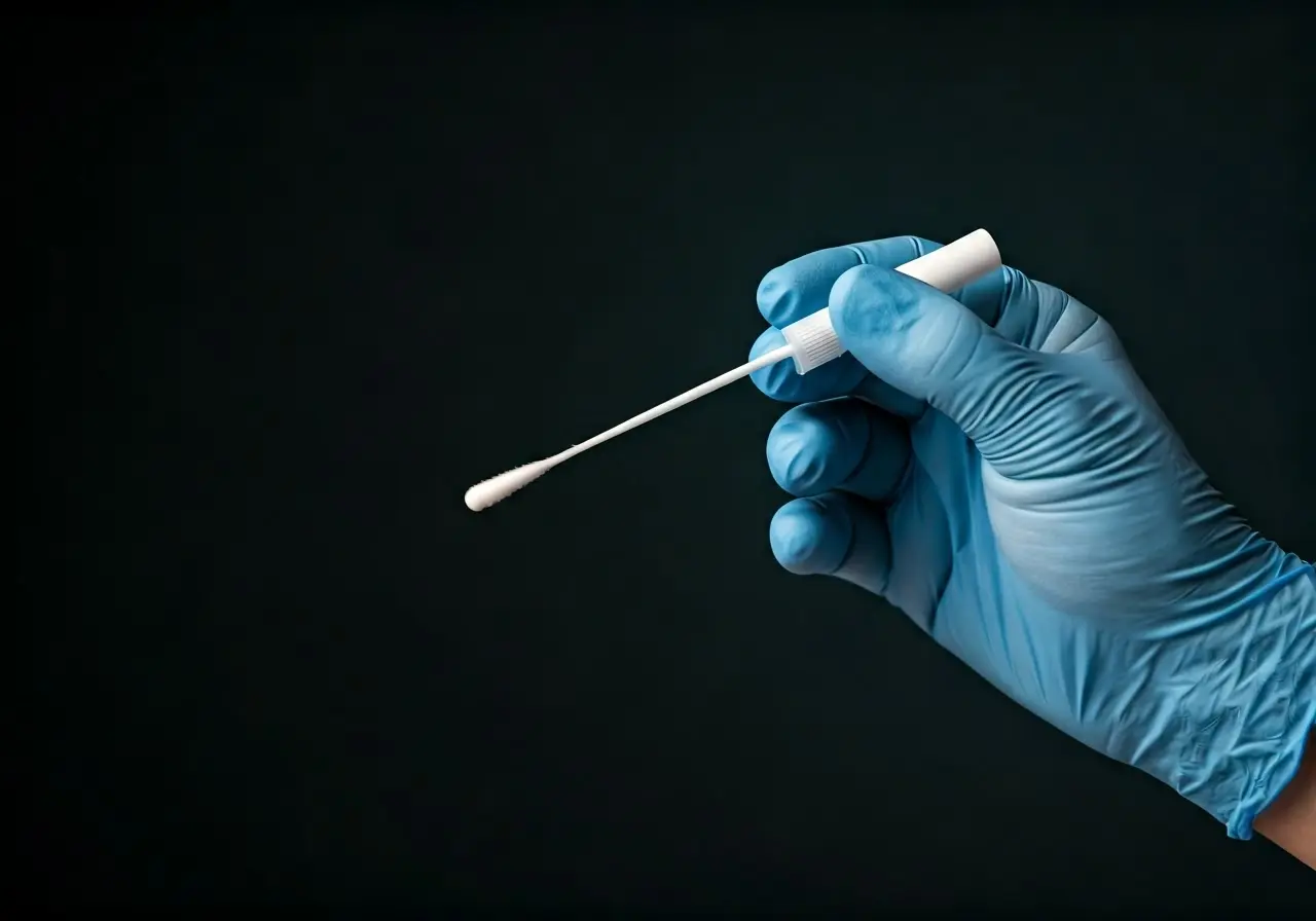 A gloved hand holding a COVID-19 test swab. 35mm stock photo