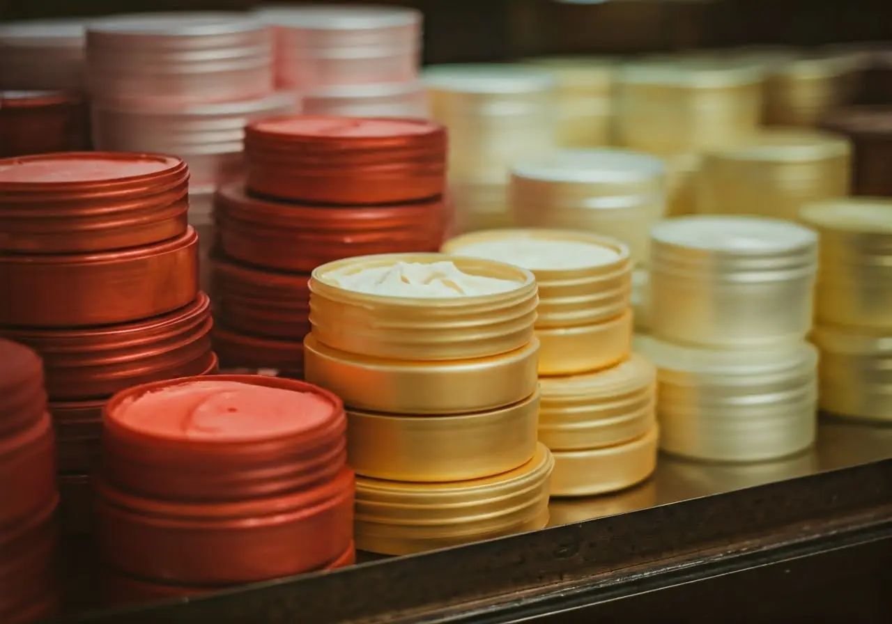 A variety of body butters in colorful jars on display. 35mm stock photo