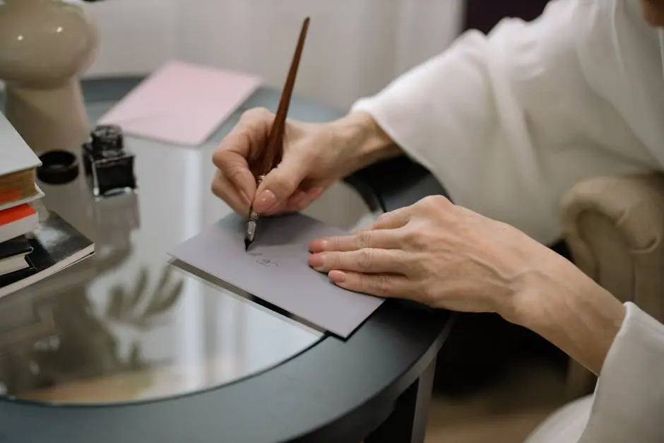 Close-up of hands elegantly writing on a gray envelope using a fountain pen.