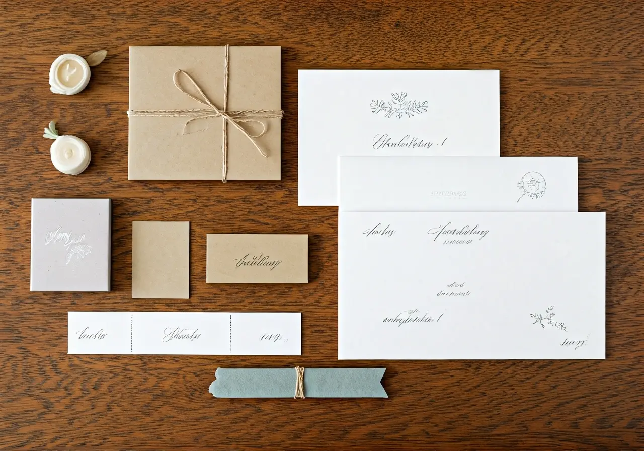 A beautifully arranged set of personalized stationery on a desk. 35mm stock photo