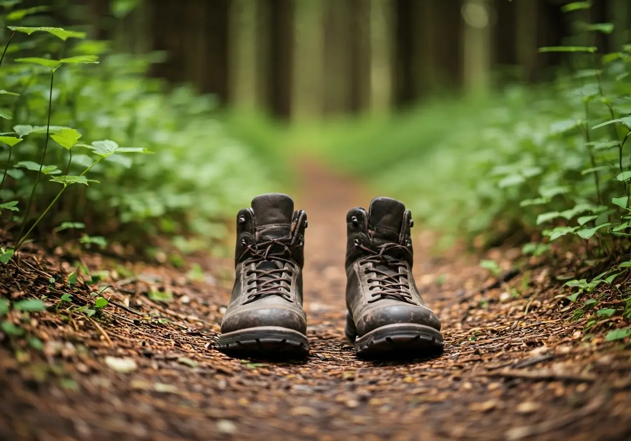 Barefoot hiking boots on a forest trail surrounded by greenery. 35mm stock photo
