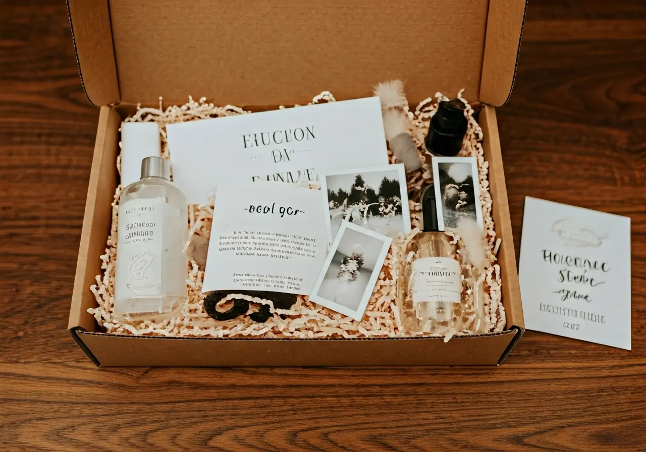 A beautifully arranged bridal subscription box with themed items. 35mm stock photo