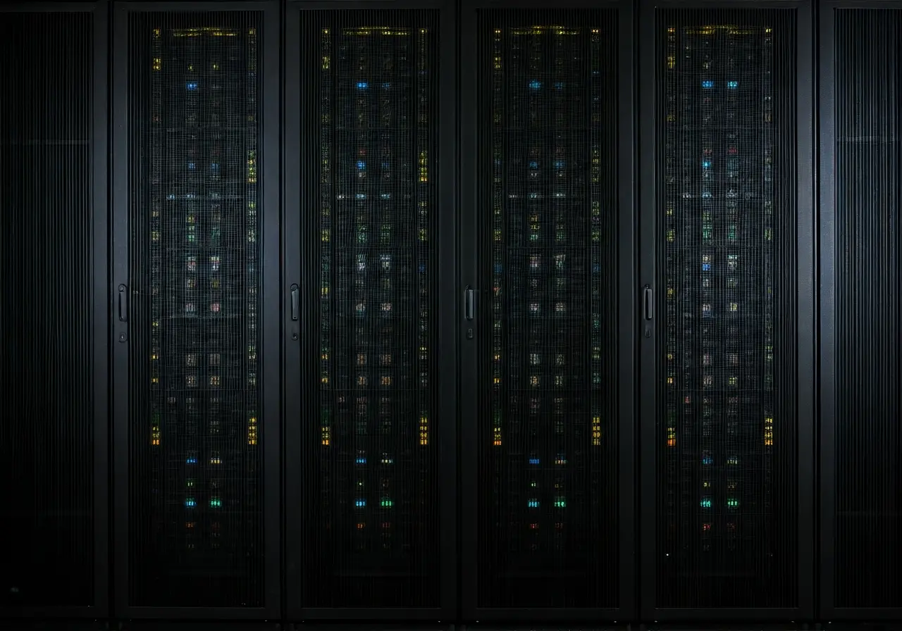 A secure server room with glowing LED lights in Spokane. 35mm stock photo