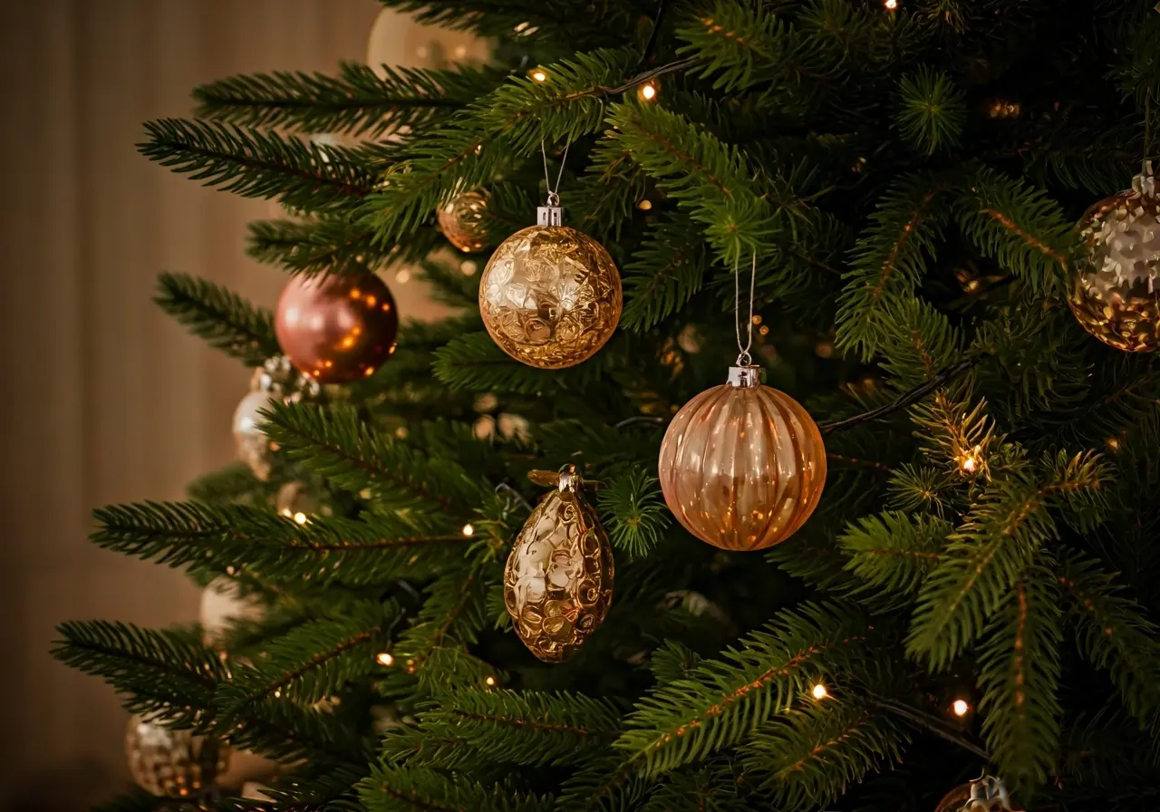 A beautifully decorated Christmas tree with futuristic ornaments. 35mm stock photo