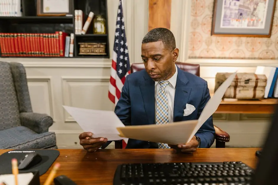 A lawyer reading documents in an office setting, conveying professionalism and focus.