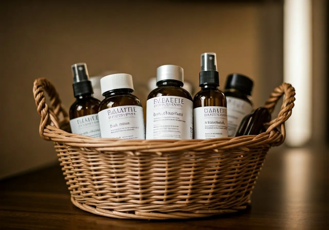 A basket of assorted natural skincare products on a countertop. 35mm stock photo