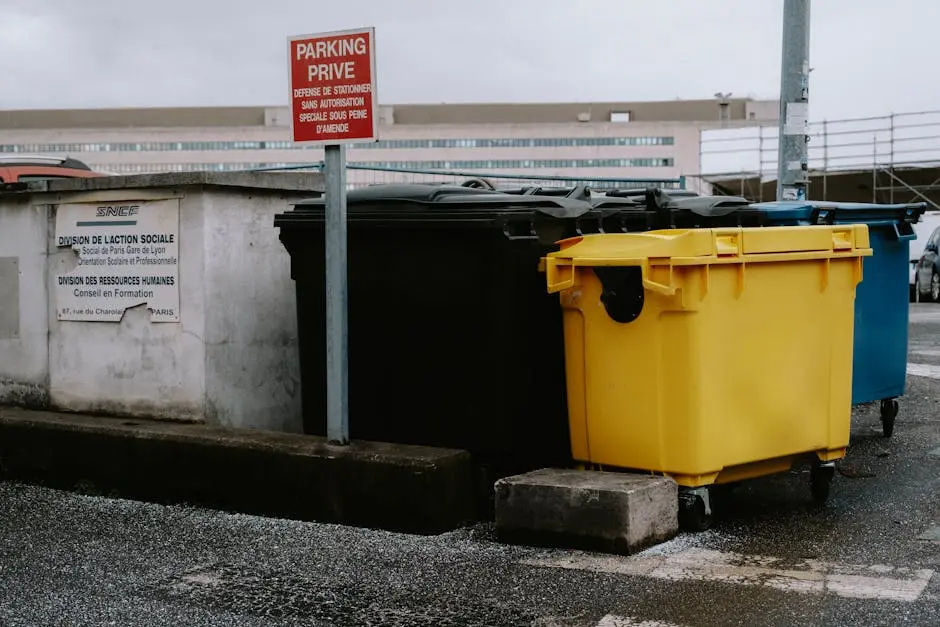 Colorful recycling bins aligned in an urban environment for efficient waste management.