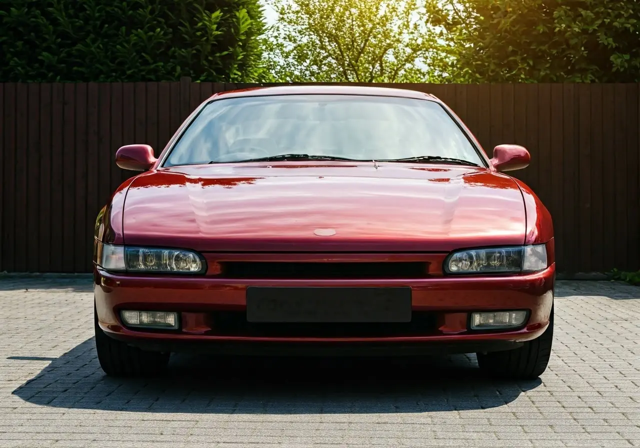 A shiny, freshly washed car parked in a sunny driveway. 35mm stock photo