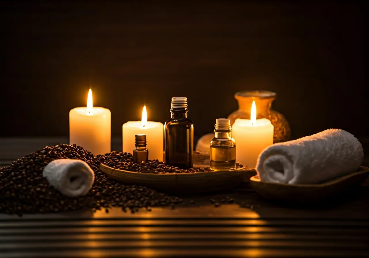 A serene spa room with calming candles and essential oils. 35mm stock photo