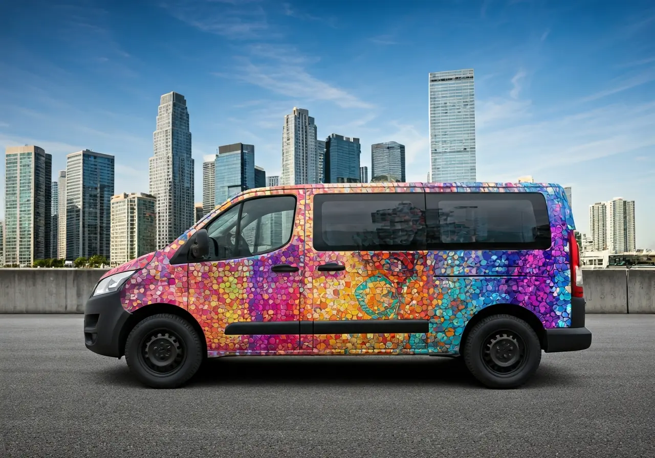 A colorful commercial vehicle wrap with a cityscape background. 35mm stock photo