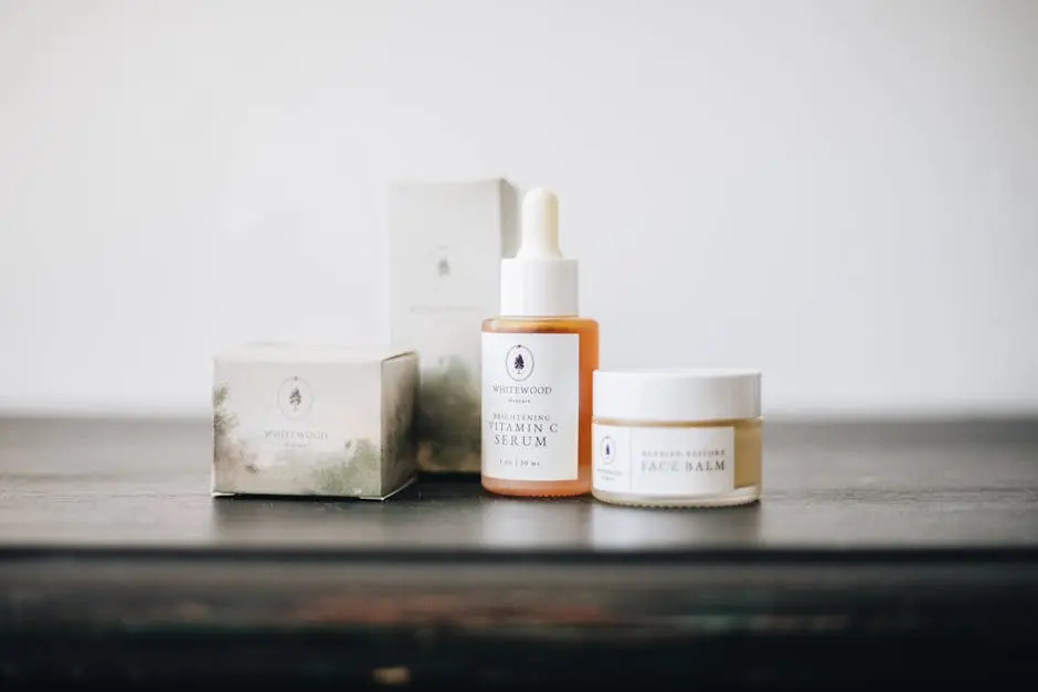 Elegant flat lay of natural skincare products, featuring a vitamin C serum and face balm.