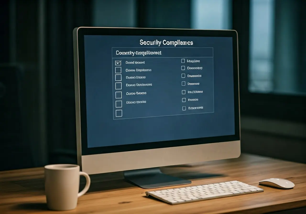 An office with a computer displaying a security compliance checklist. 35mm stock photo