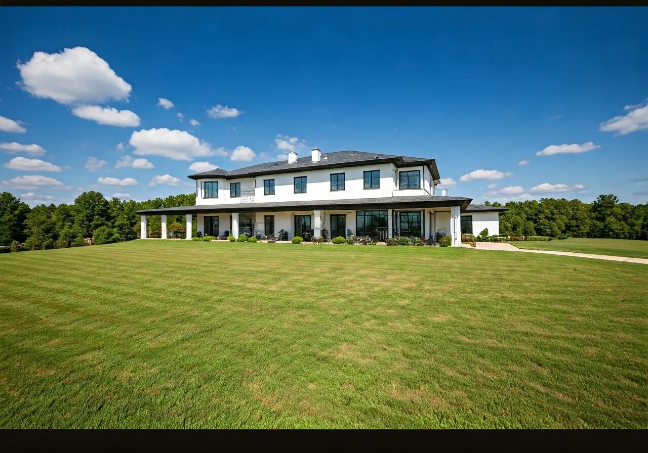 A drone capturing a panoramic view of a luxury property. 35mm stock photo