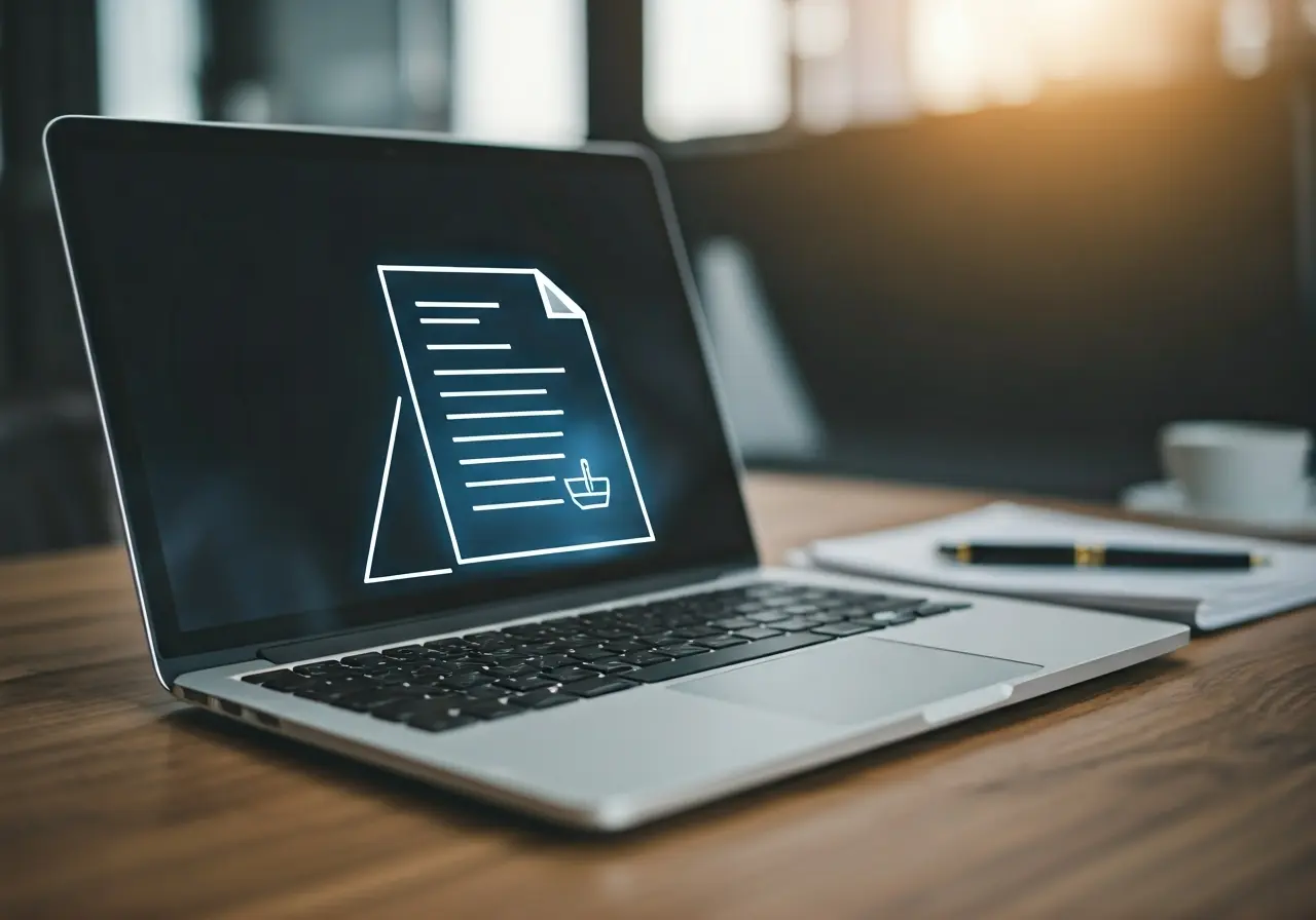 A laptop displaying a legal document and a scales icon. 35mm stock photo