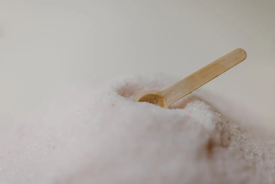A detailed view of pink Himalayan bath salt with a wooden spoon against a soft background, ideal for spa and wellness content.
