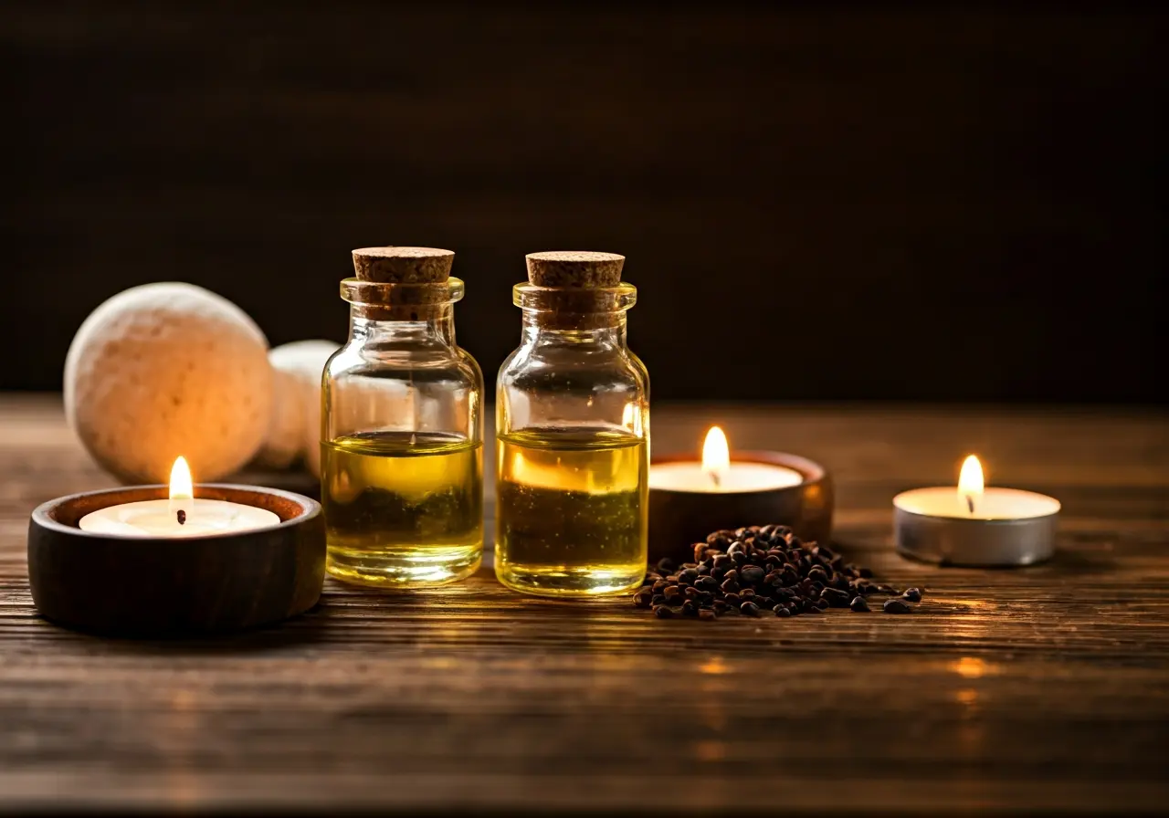 A tranquil spa setting with essential oils and candles. 35mm stock photo