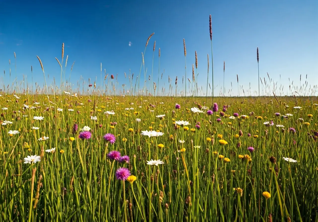 A serene meadow with wildflowers and a clear blue sky. 35mm stock photo