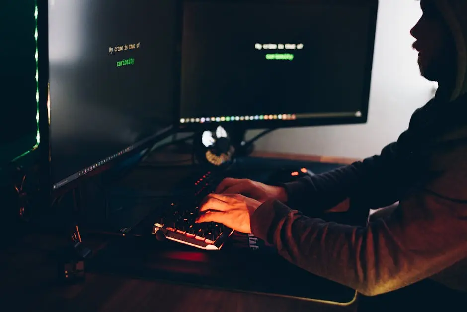 Silhouette of a person typing on a computer in a dimly lit room, emphasizing cybersecurity threats.