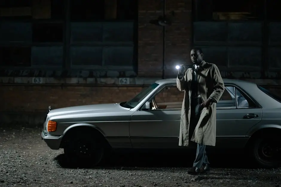 Detective conducting a night investigation by a car with a flashlight.