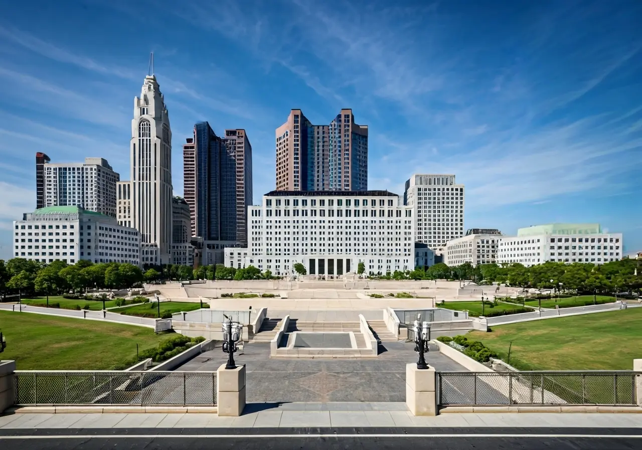 Scales of justice in front of Columbus city skyline. 35mm stock photo