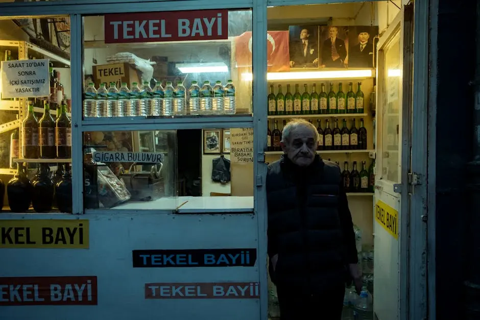A man stands at a Tekel Bayi store with illuminated signs and bottles visible in the window.