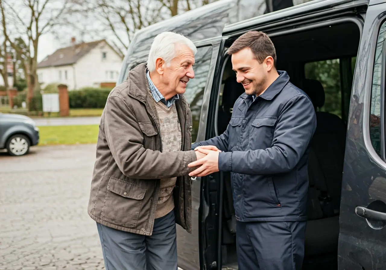 A smiling driver assists an elderly person into a van. 35mm stock photo