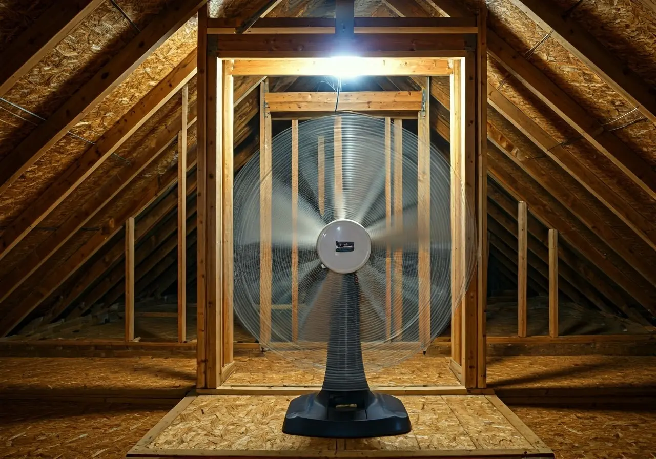 An attic fan spinning inside a well-lit, organized attic. 35mm stock photo