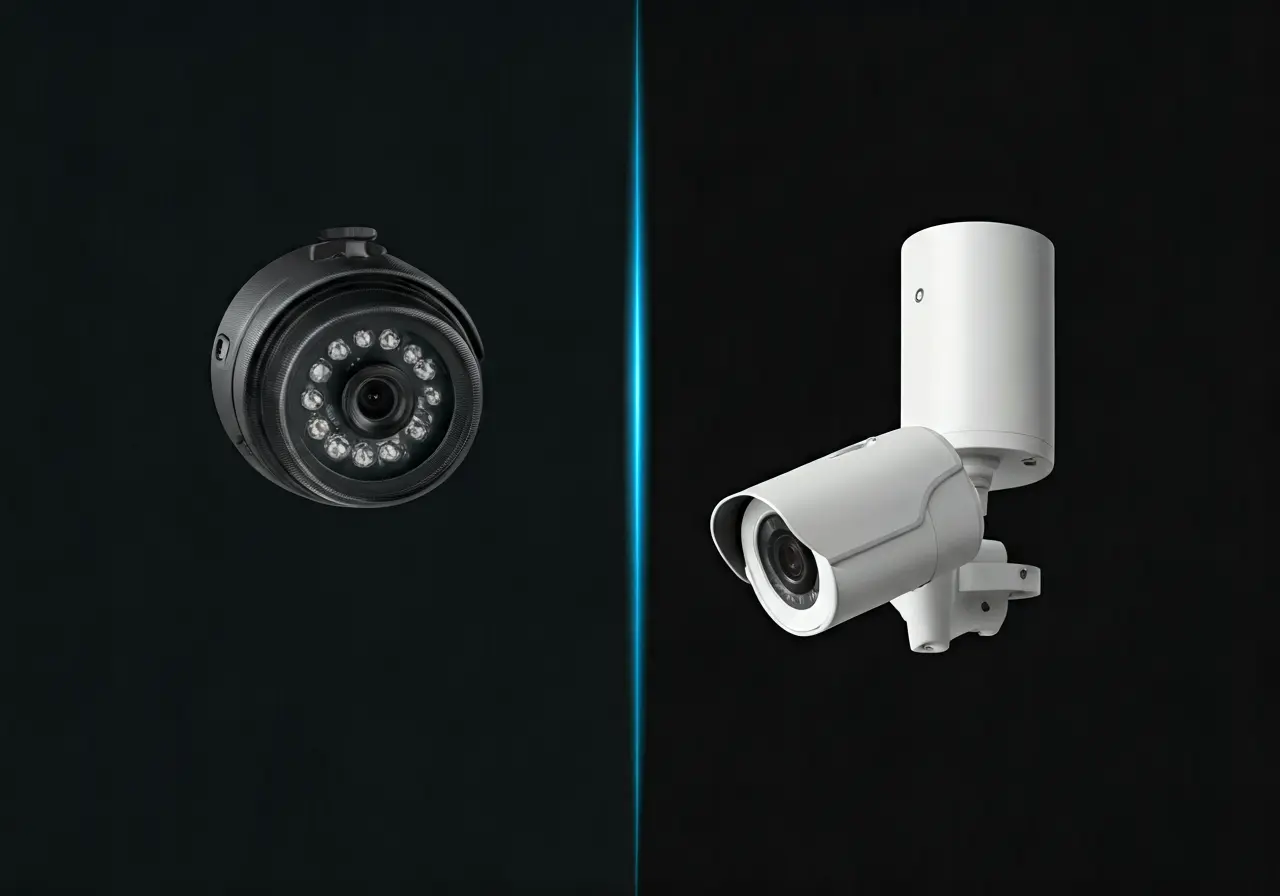 A split image of wired and wireless security camera setups. 35mm stock photo