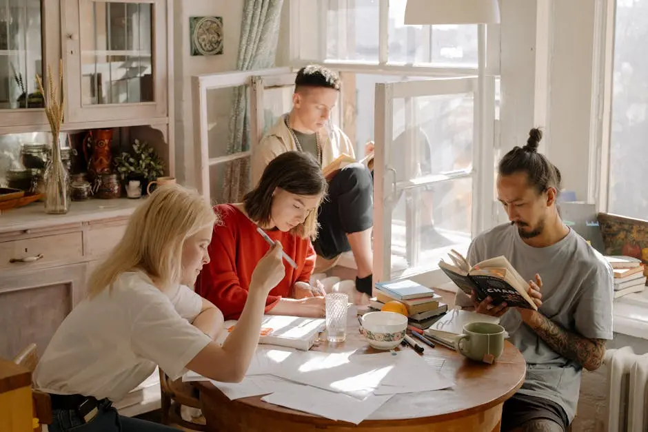 A group of college students studying in a bright, cozy room with natural light.