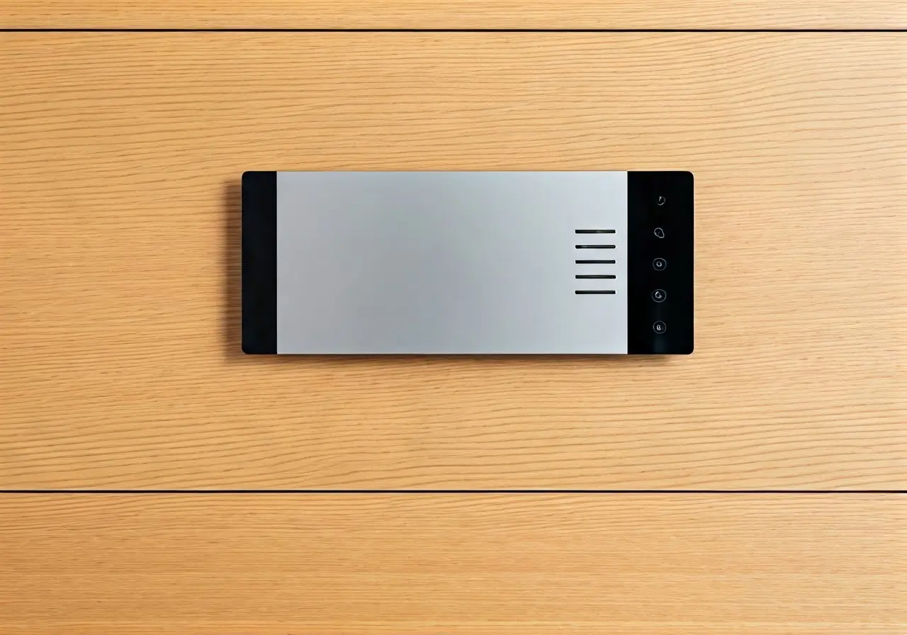 A modern home entryway with a sleek intercom system. 35mm stock photo