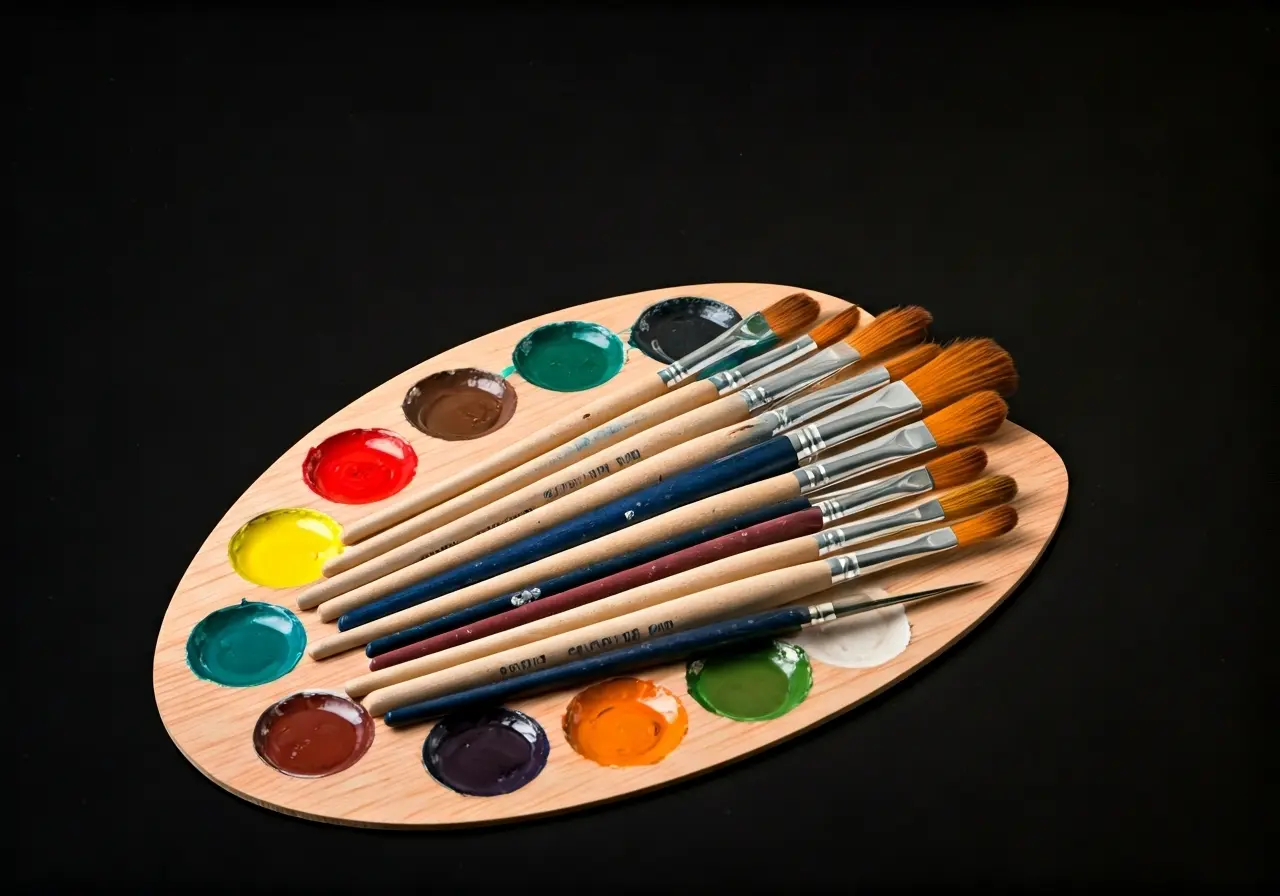 A colorful palette with various art tools and brushes. 35mm stock photo