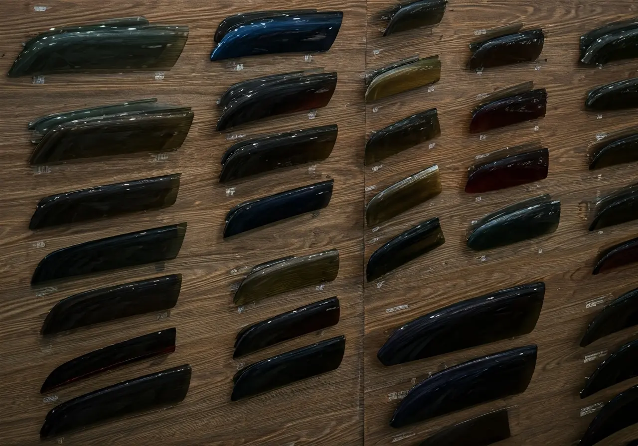 A variety of car window tints displayed on a wall. 35mm stock photo