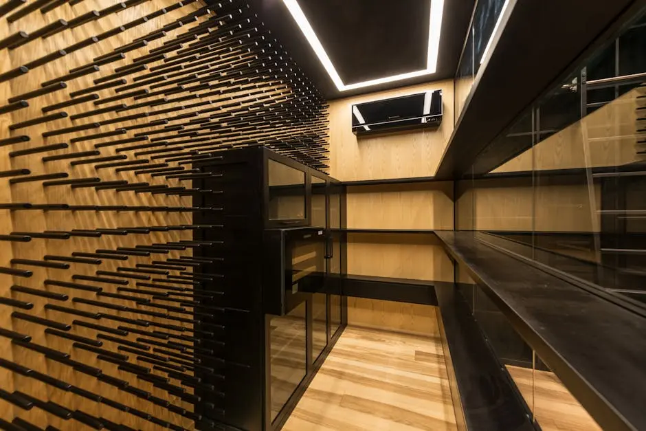 Modern wine cellar interior with dowels in wall against shelves and air conditioning under shiny lamp in house