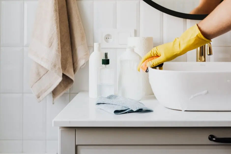 Person cleaning a bathroom sink with yellow gloves and cleaning products on a countertop.