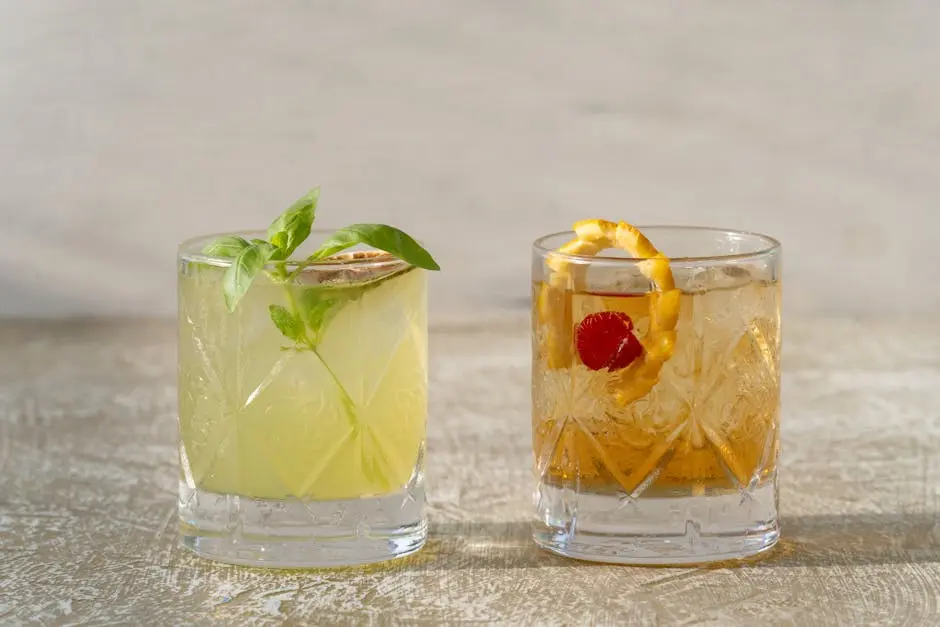 Two intricately garnished cocktails in crystal glasses under Dubai’s warm light.