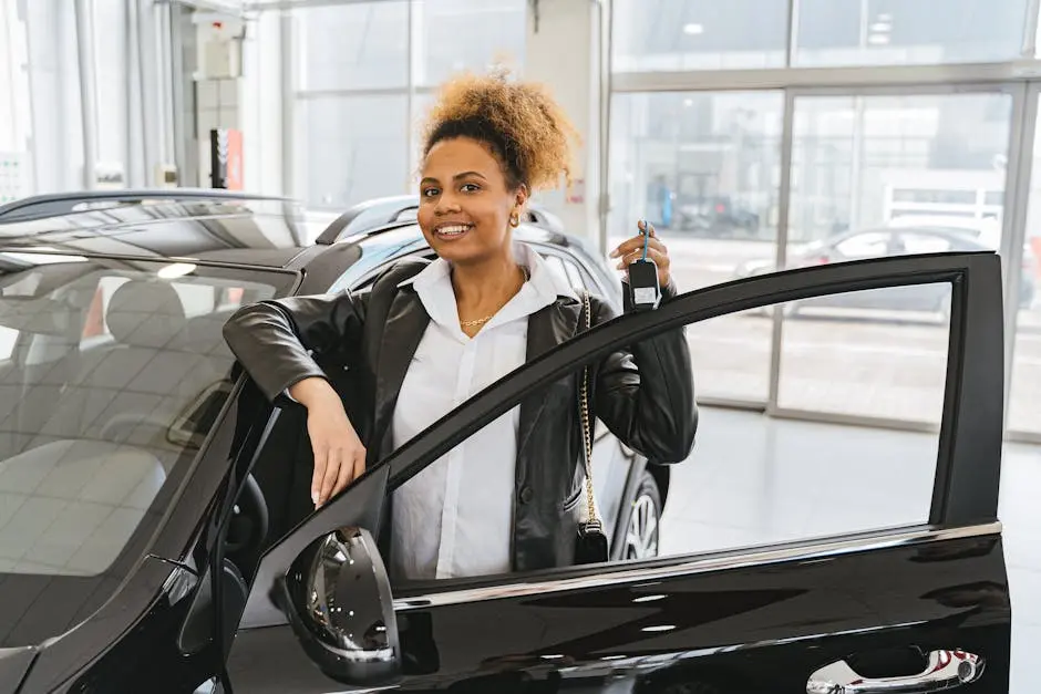 Smiling woman holding car key in dealership showroom next to new vehicle.