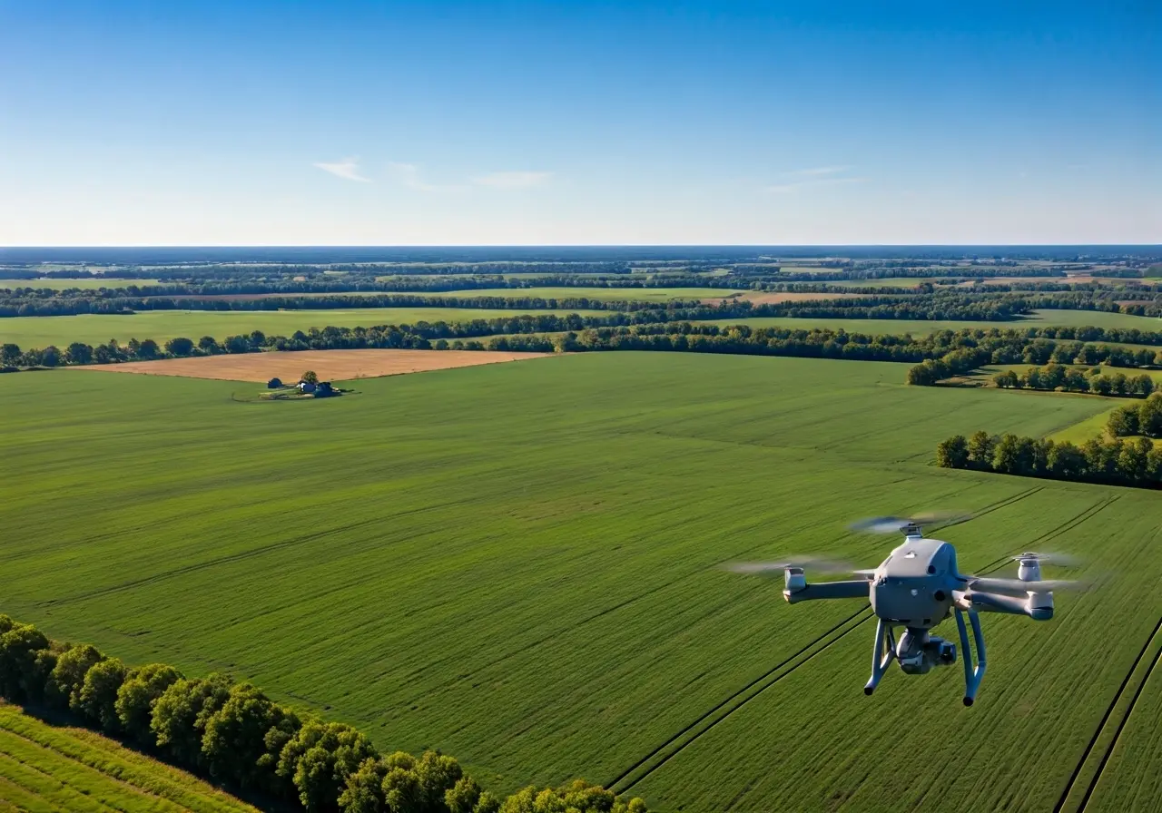 A drone flying over a vast, lush green farmland. 35mm stock photo