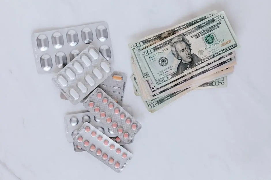 Blister packs of pills and US dollars on a white surface.