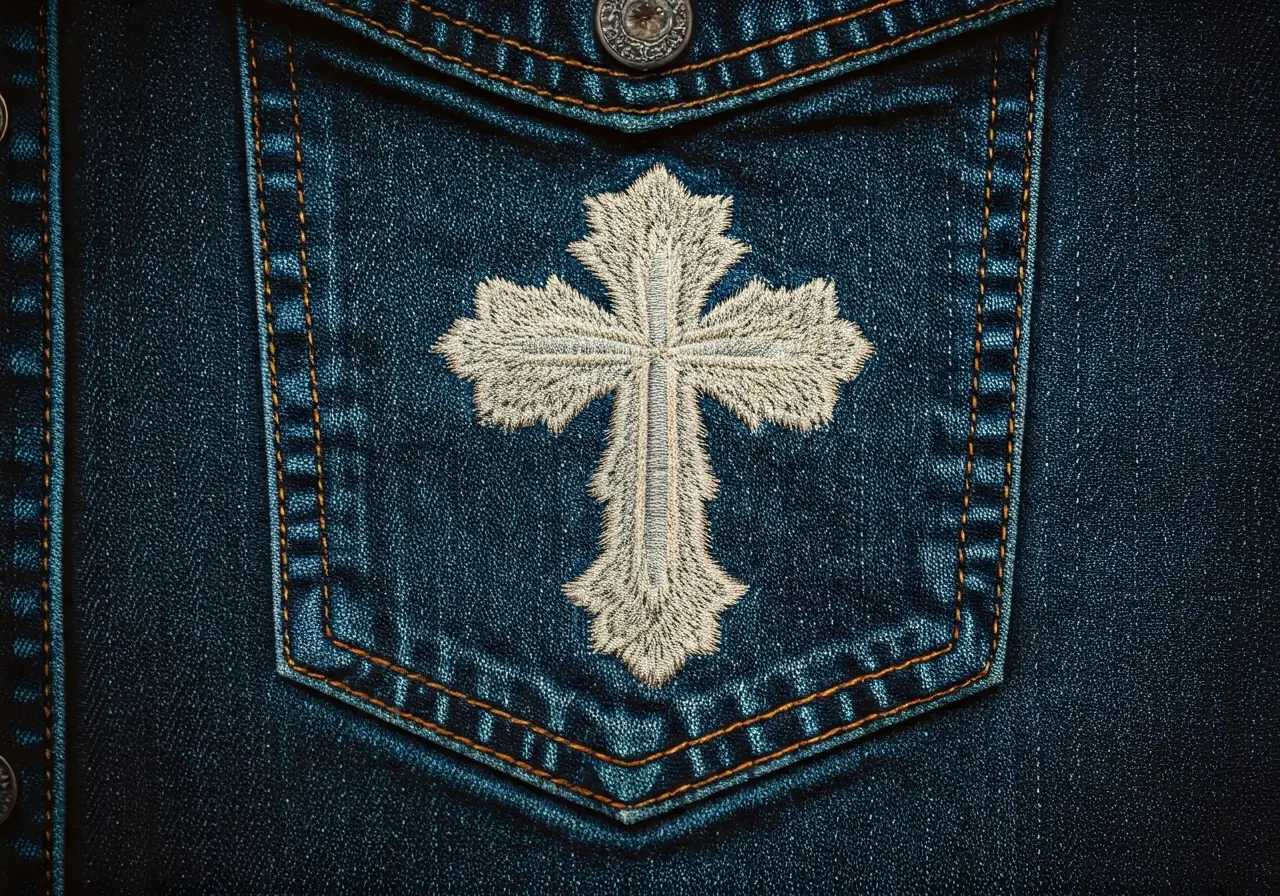 A cross embroidered on a denim jacket pocket. 35mm stock photo