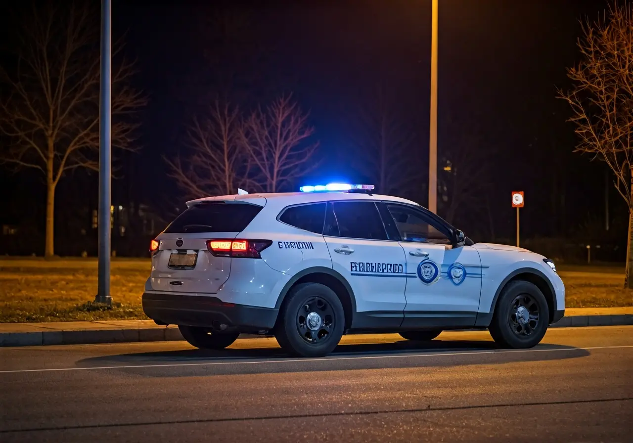 Patrol car with security company logo under streetlight at night. 35mm stock photo